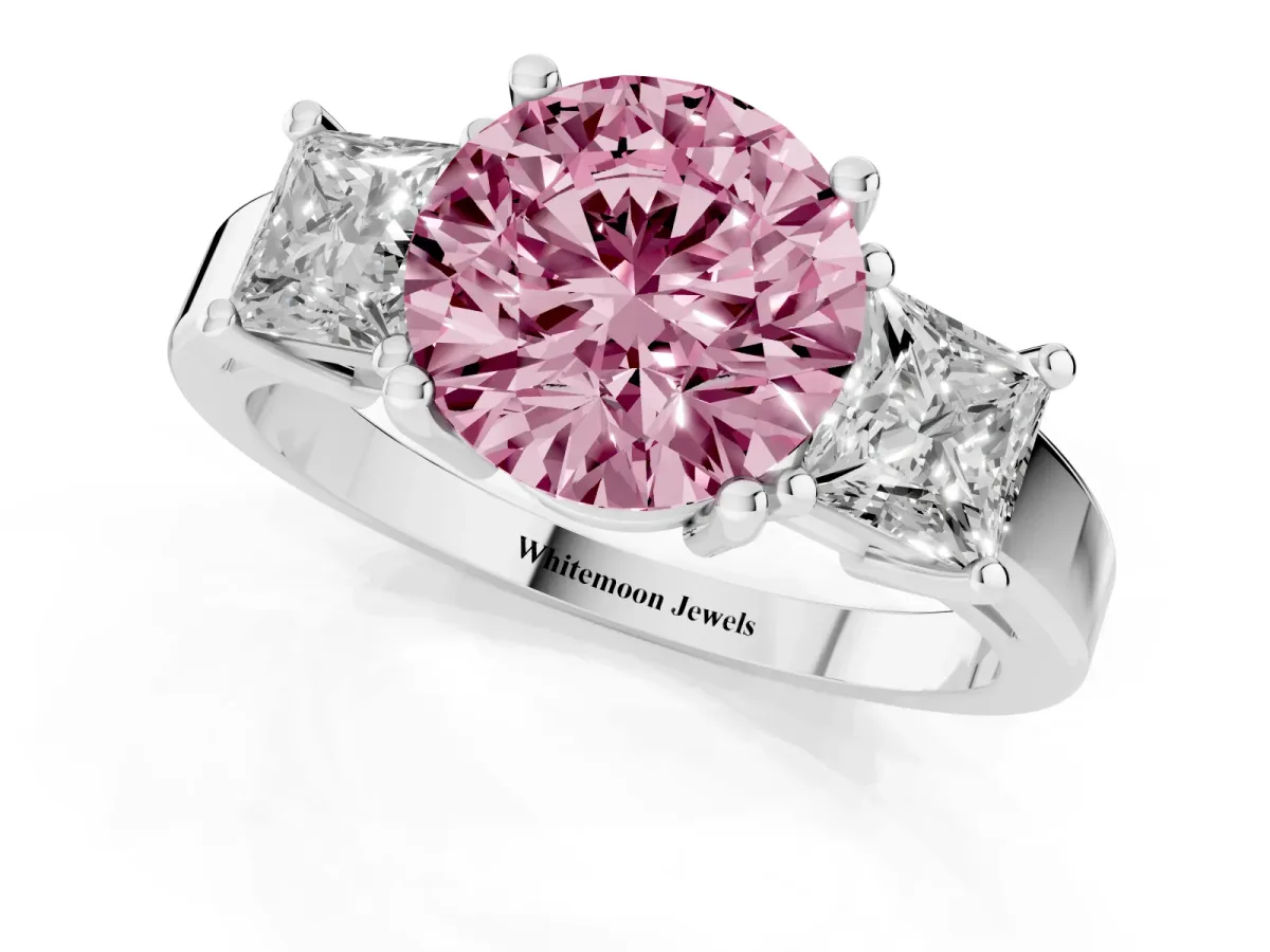 Fancy Pink Three-Stone Round Cut Cut Solitaire Ring with Prong Setting Platinum