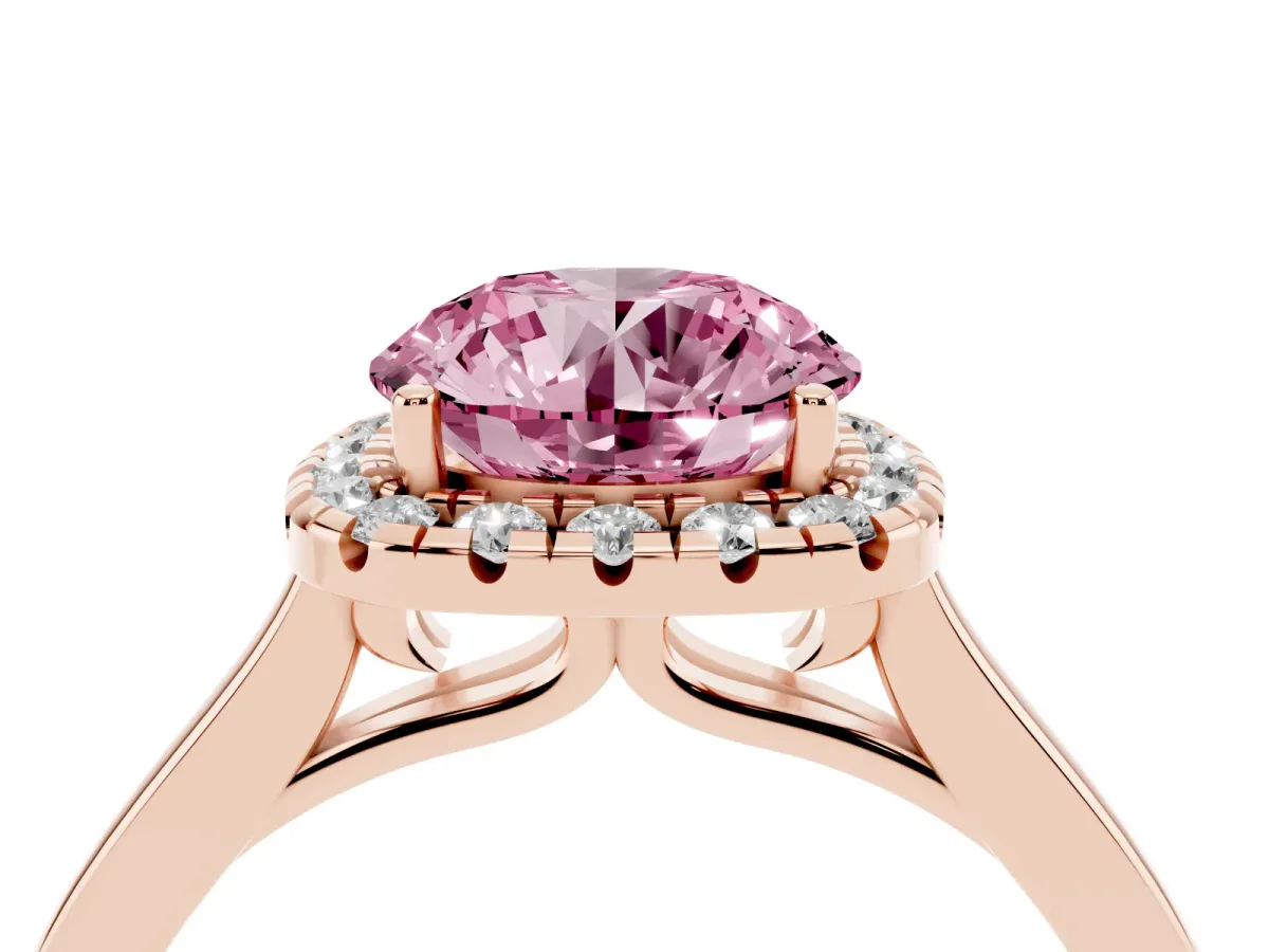 Fancy Pink Round Cut Halo Round Diamond Solitaire Ring with Pavé Band and Four-Prong Setting Rose gold