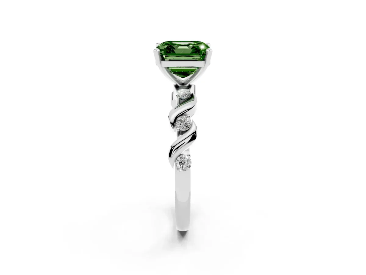Fancy Green Asscher Cut Diamond Solitaire Twisted Band with Round Accents and Prong Setting Platinum