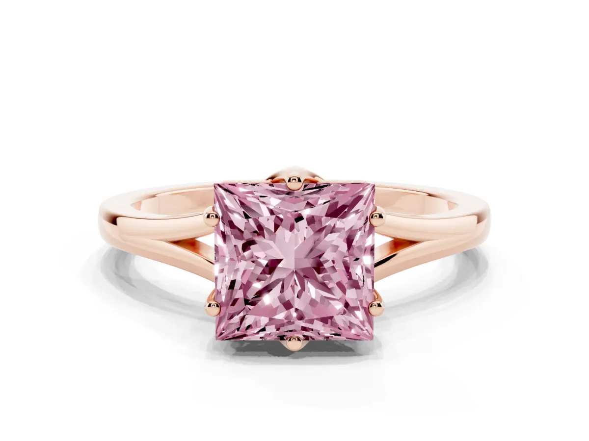 Fancy Pink Princess Cut Solitaire Diamond Ring with Six-Prong Setting and Tapered Band Rose gold