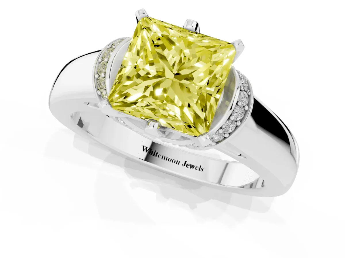 Fancy Yellow Princess Cut Solitaire Diamond Ring with Pave Band and Six-Prong Setting Platinum