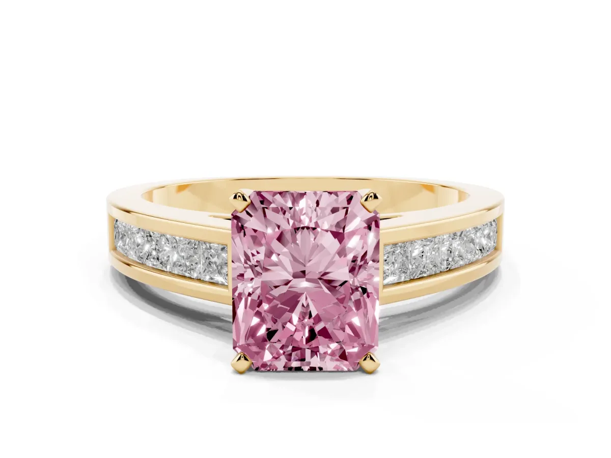 Fancy Pink Radiant Cut Solitaire Diamond Ring with Channel-Set Band and Four-Prong Setting Yellow gold