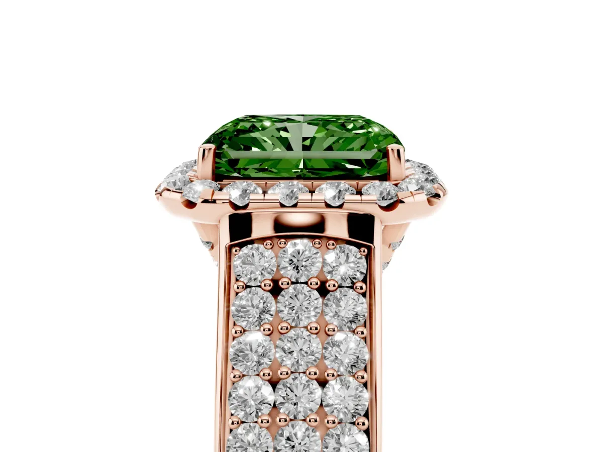 Fancy Green Radiant Cut Halo Round Diamond Pave Band with Prong Setting Rose gold
