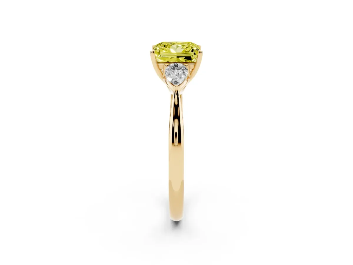 Fancy Yellow Princess Cut Diamond Three-Stone Ring with Pear Side Stones and Prong Setting Yellow gold
