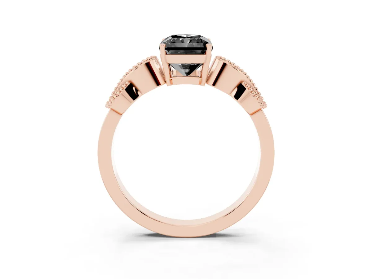 Fancy Black Princess Cut Solitaire Milgrain Leaf Band with Prong Setting Rose gold