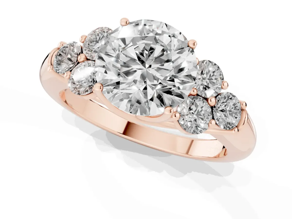 Round Cut Cut Diamond Cluster Ring with Round Accent Stones and Prong Setting on a Classic Band Rose gold