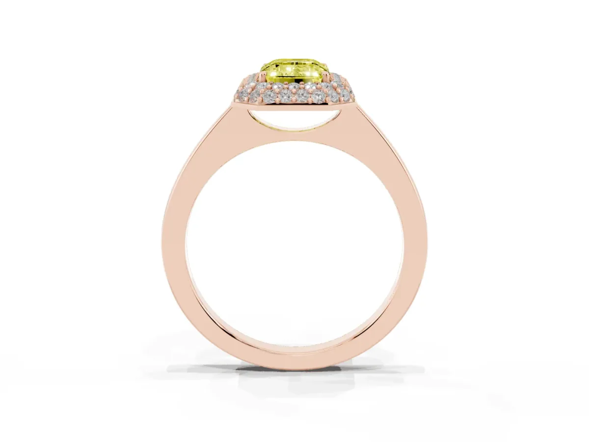 Fancy Yellow Emerald Cut Halo Diamond Engagement Ring with Solitaire Band and Four-Prong Setting Rose gold