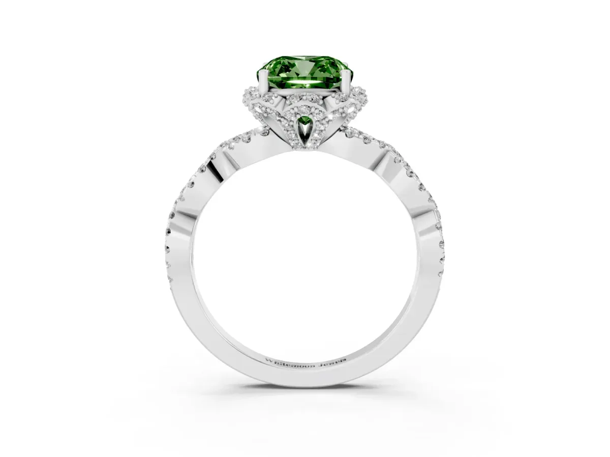 Fancy Green Cushion Cut Halo Twist Band Solitaire Ring with Six-Prong Setting Silver