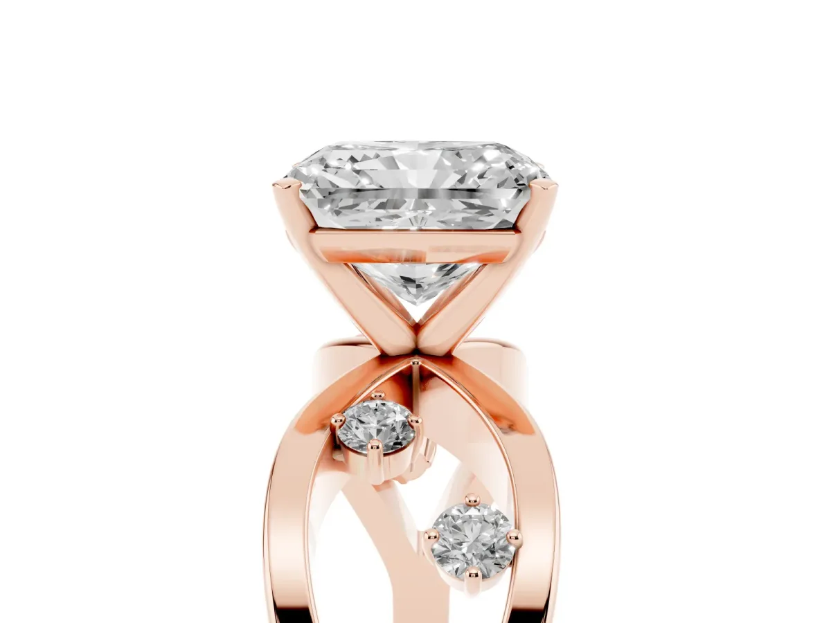 Radiant Cut Cut Solitaire Diamond with Side Stones on Criss-Cross Band and Four-Prong Setting Rose gold