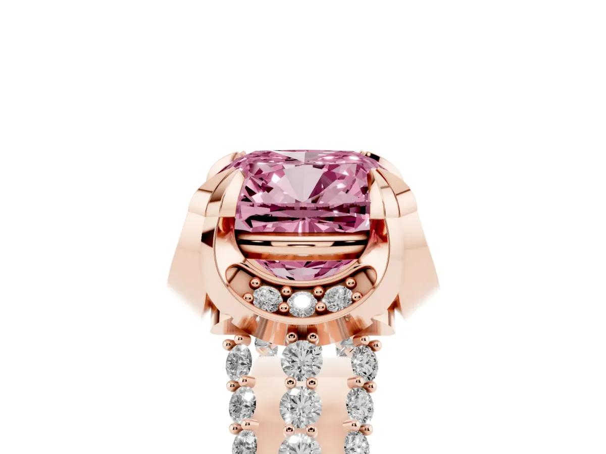 Fancy Pink Cushion Cut Solitaire Pave Split Shank Ring with Four-Prong Setting Rose gold