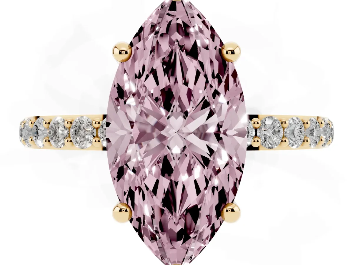 Fancy Pink Marquise Cut Diamond Solitaire Ring with Round Pavé Band and Prong Setting Yellow gold