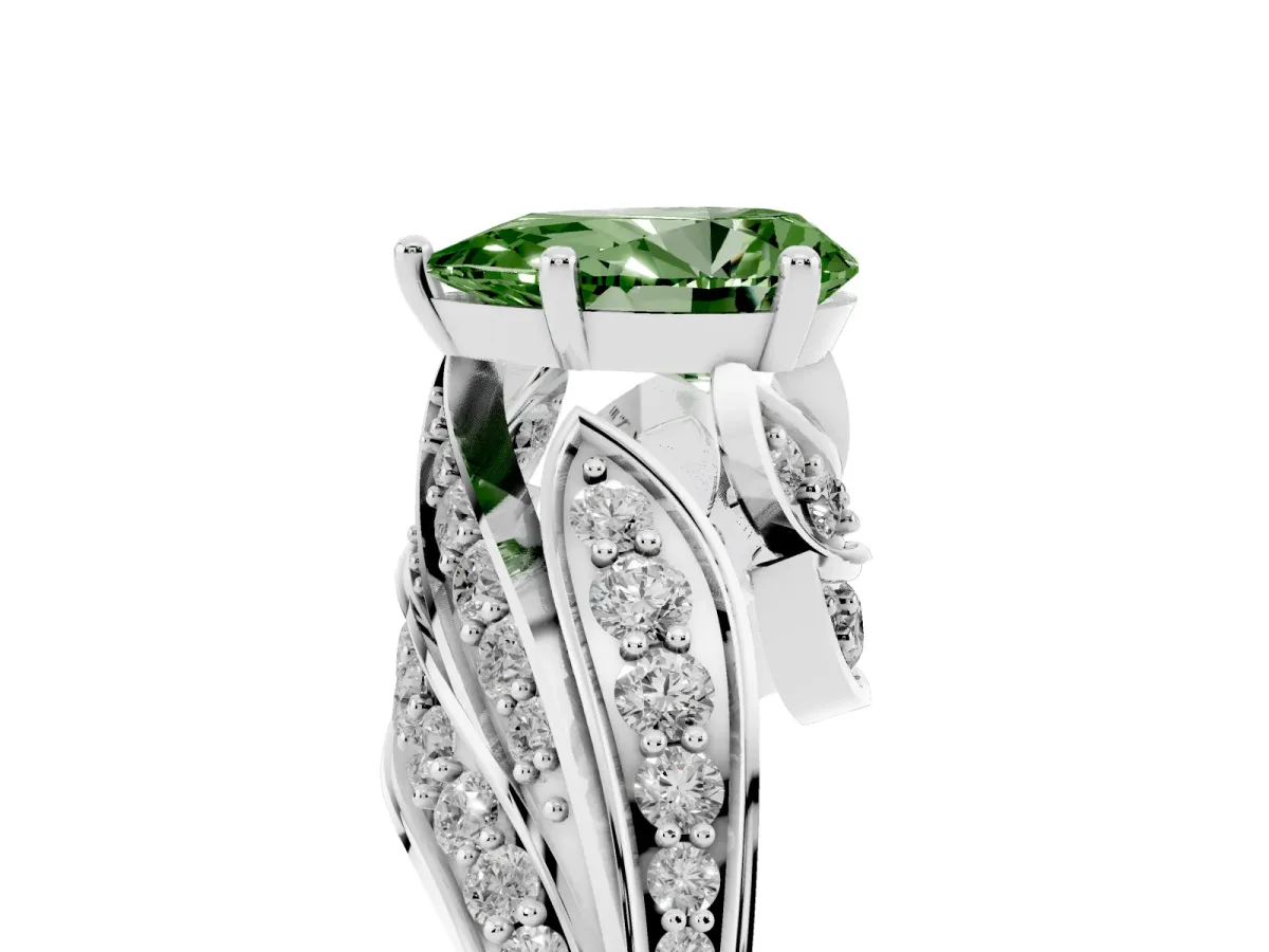 Fancy Green Pear Cut Diamond Solitaire Ring with Prong Setting and Twisted Pavé Band Silver