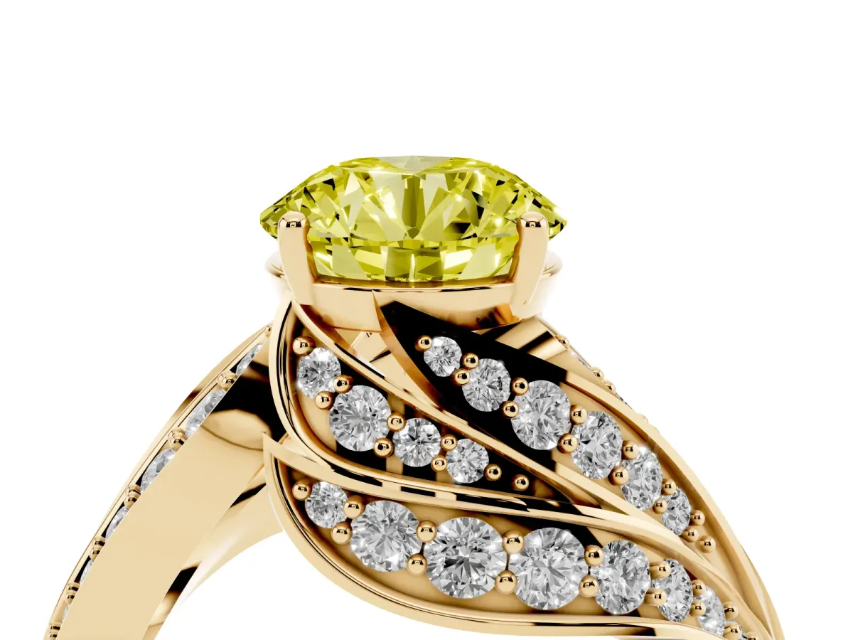 Fancy Yellow Round Cut Diamond Solitaire Ring with Prong Setting and Twisted Pavé Band Yellow gold