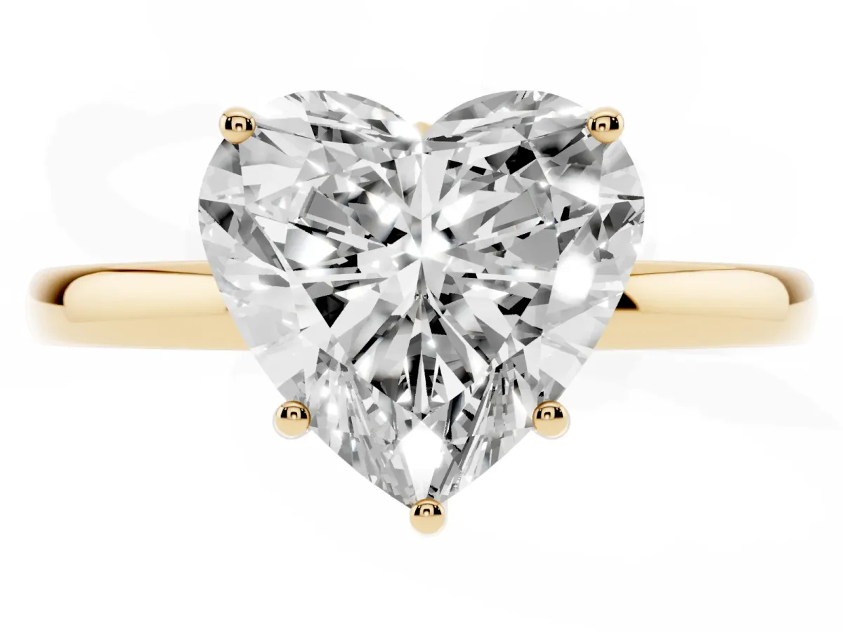Heart Cut Solitaire Diamond Ring with Prong Setting and Plain Band Yellow gold