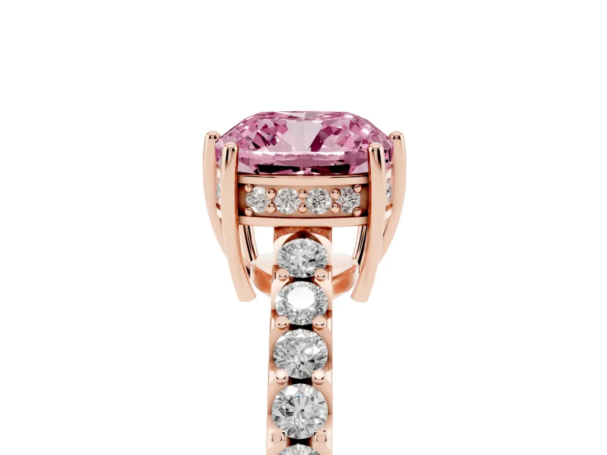 Fancy Pink Cushion Cut Solitaire Diamond Engagement Ring with Pavé Band and Six-Prong Setting Rose gold
