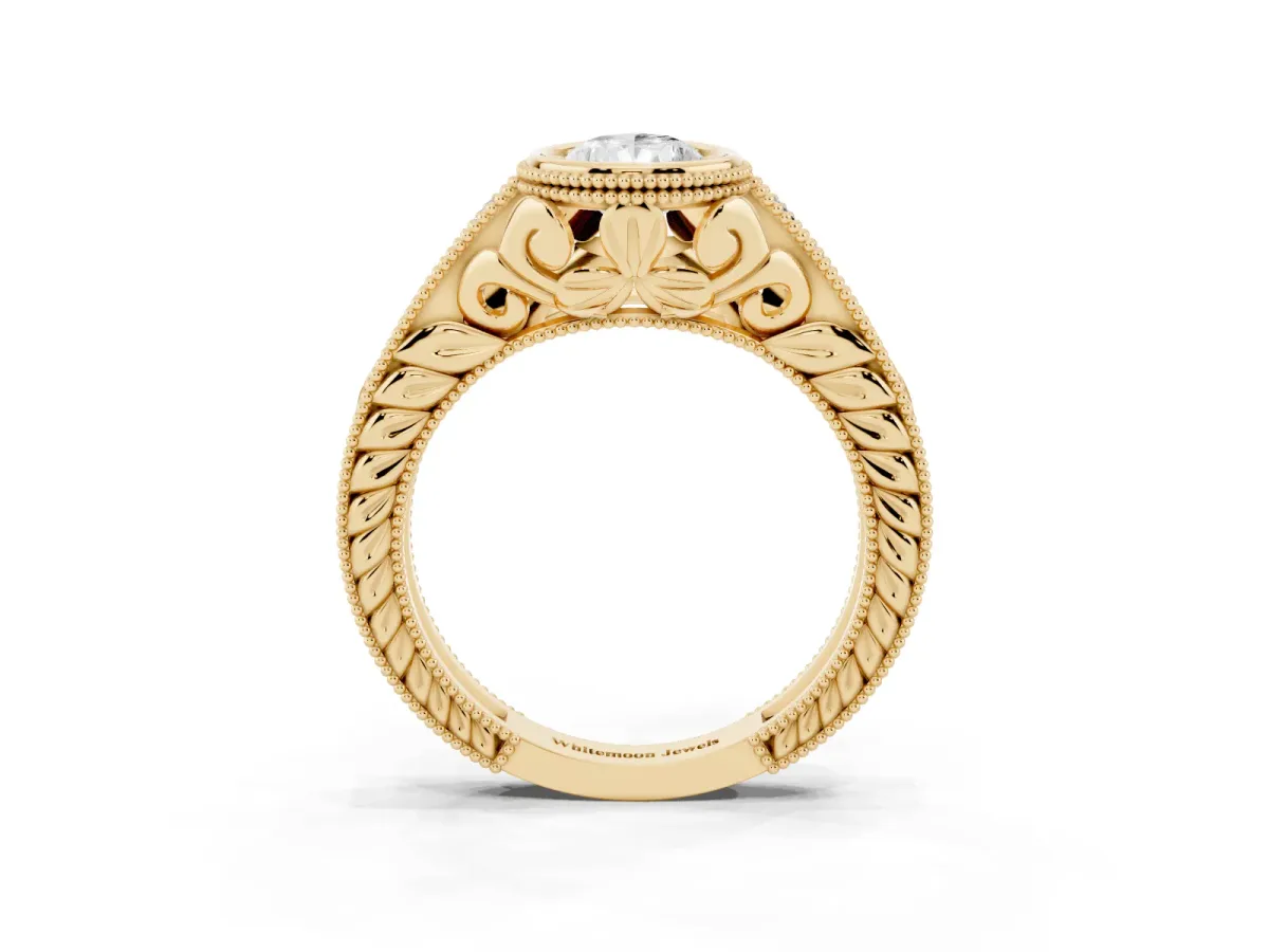 Bezel Set Pear Cut Diamond Milgrain Pave Engagement Ring Yellow gold