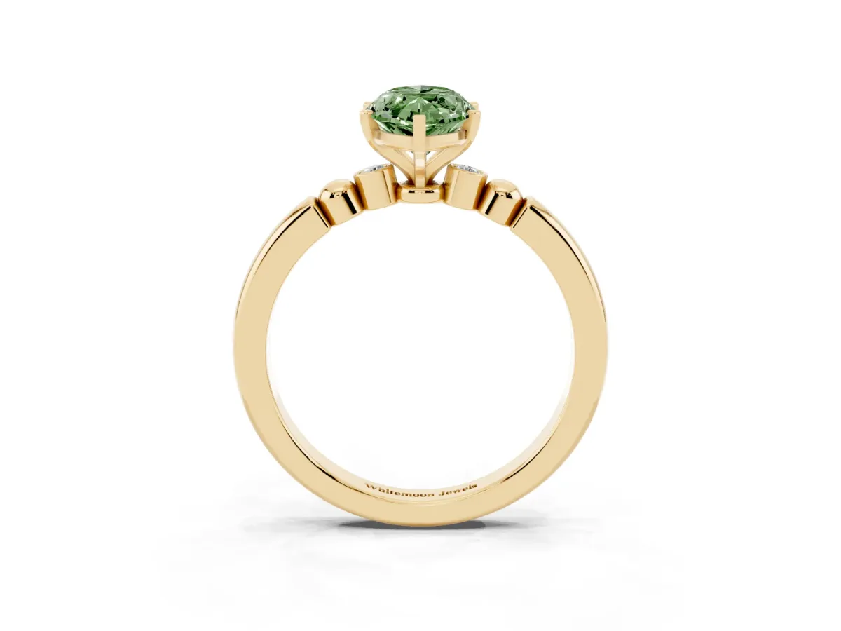 Fancy Green Marquise Cut Solitaire Beaded Band with Four-Prong Setting Yellow gold