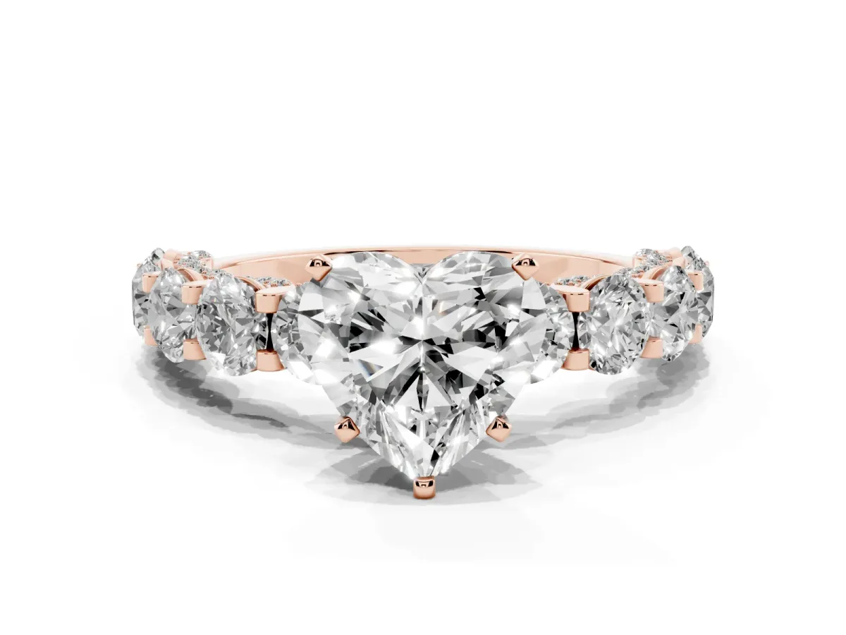 Heart Cut Diamond Side Stone Engagement Ring with Four-Prong Setting Rose gold