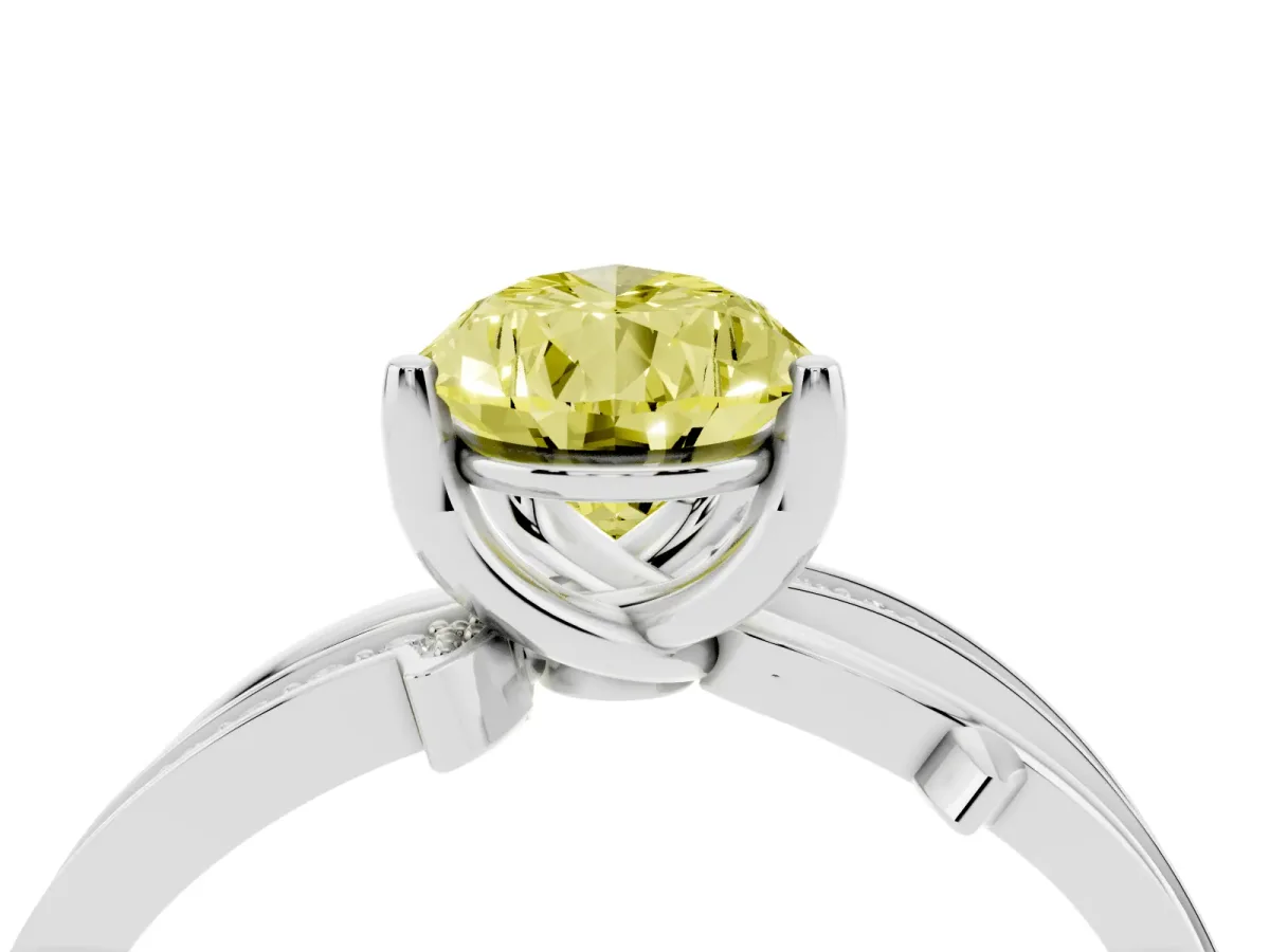 Fancy Yellow Pear Cut Solitaire Twist Band with Pavé Accents and Four-Prong Setting Platinum
