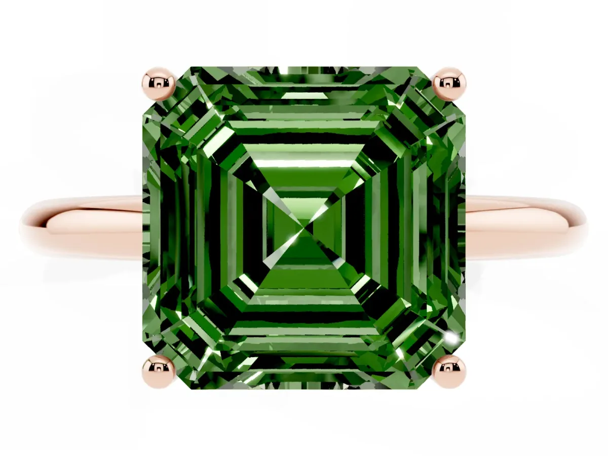 Fancy Green Asscher Cut Cut Solitaire Engagement Ring with Four-Prong Setting and Classic Band Rose gold