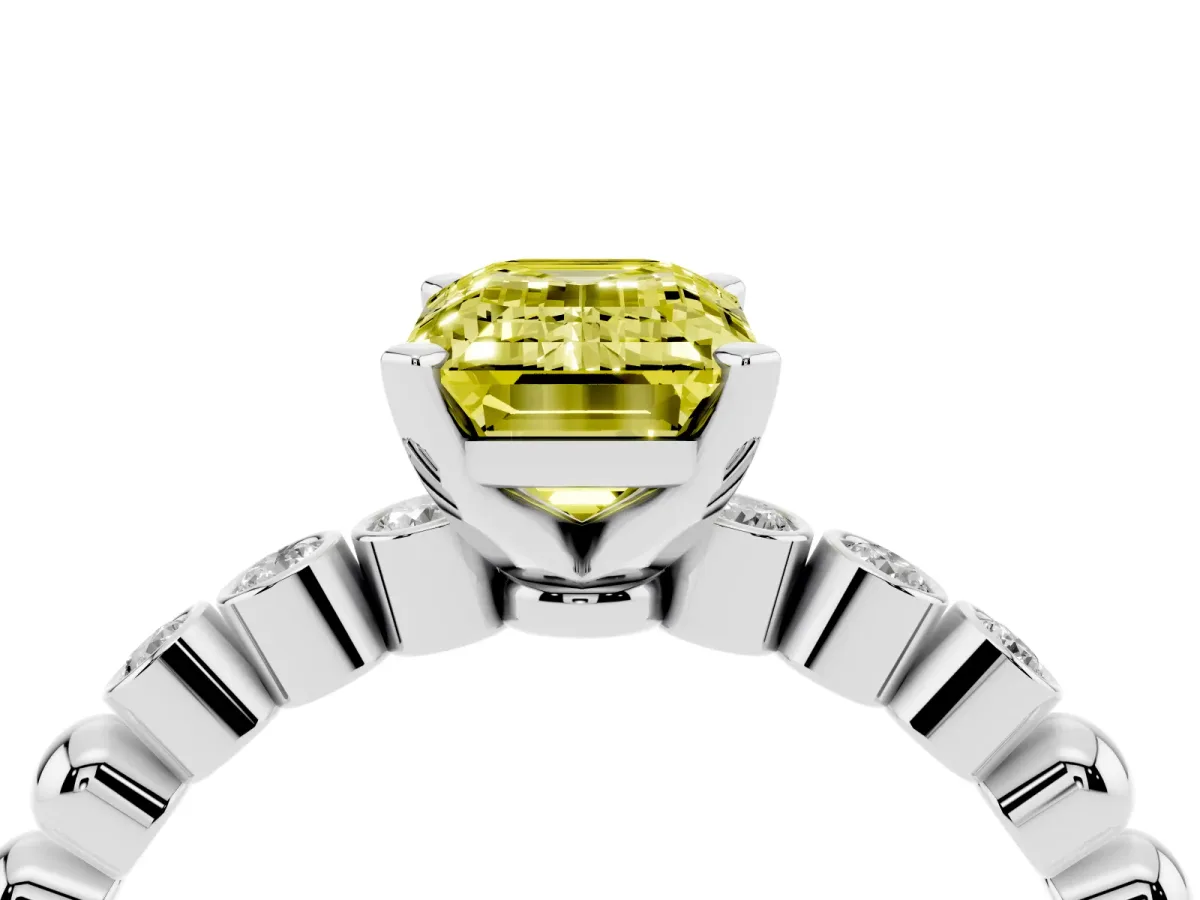 Fancy Yellow Emerald Cut Solitaire Bezel Accent Diamond Engagement Ring with Beaded Band and Four-Prong Setting White gold