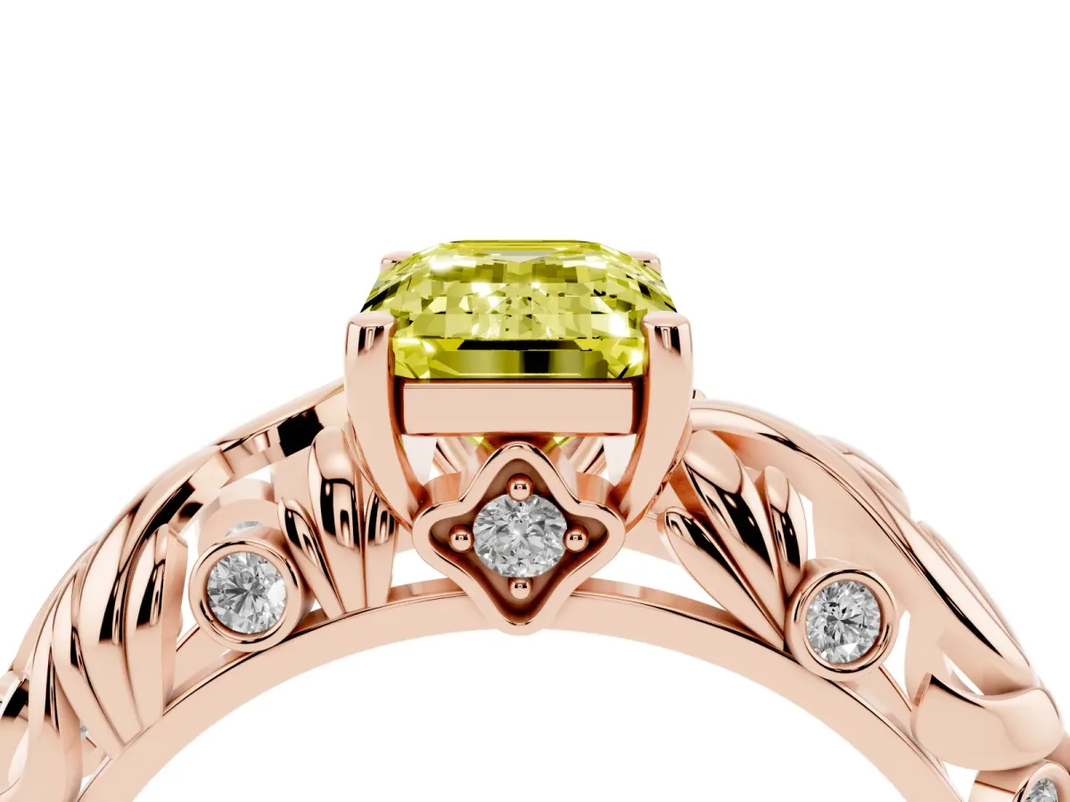 Fancy Yellow Emerald Cut Solitaire Diamond Leaf-Inspired Vine Band Ring with Prong Setting Rose gold