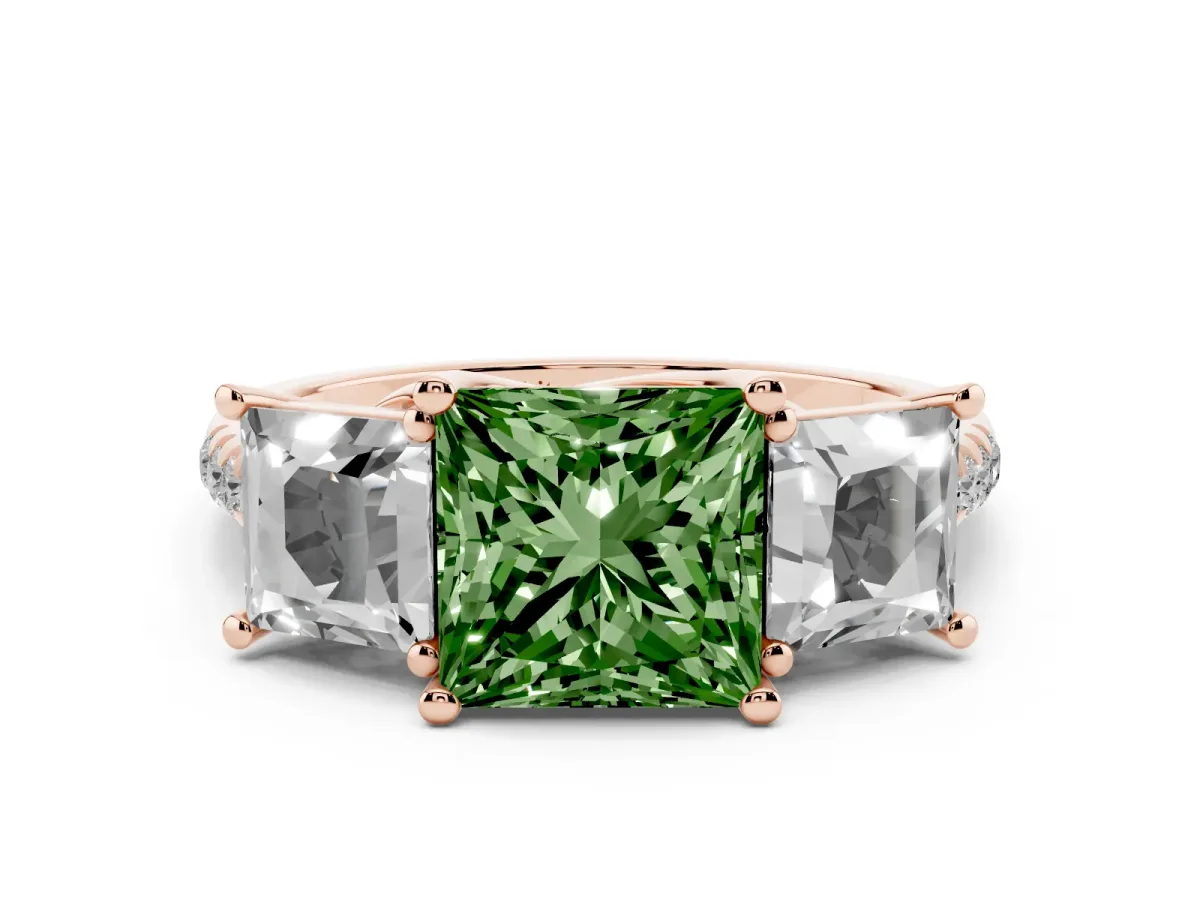Fancy Green Three-Stone Princess Cut Diamond Ring with Round Pavé Band and Prong Setting Rose gold