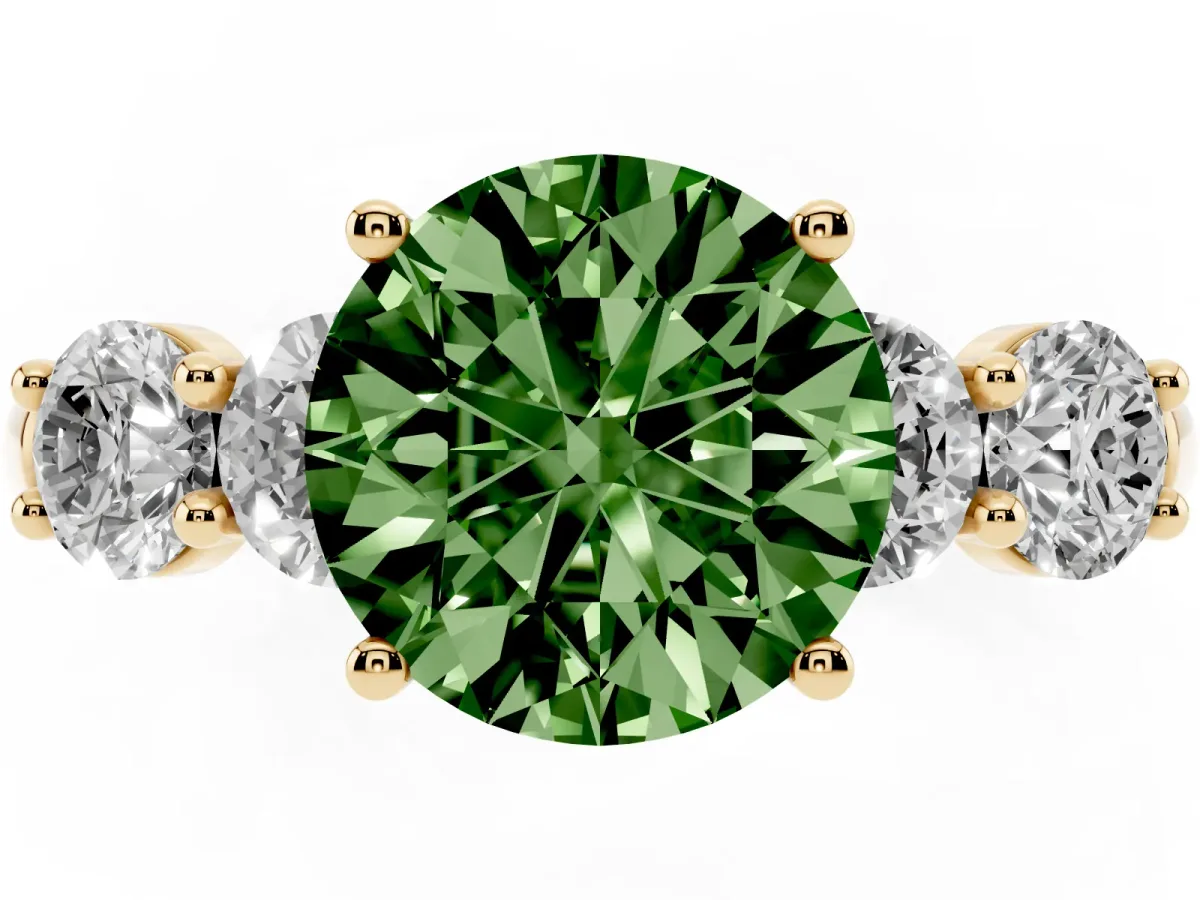 Fancy Green Round Cut Cut Five-Stone Prong Set Diamond Ring with Classic Band Yellow gold