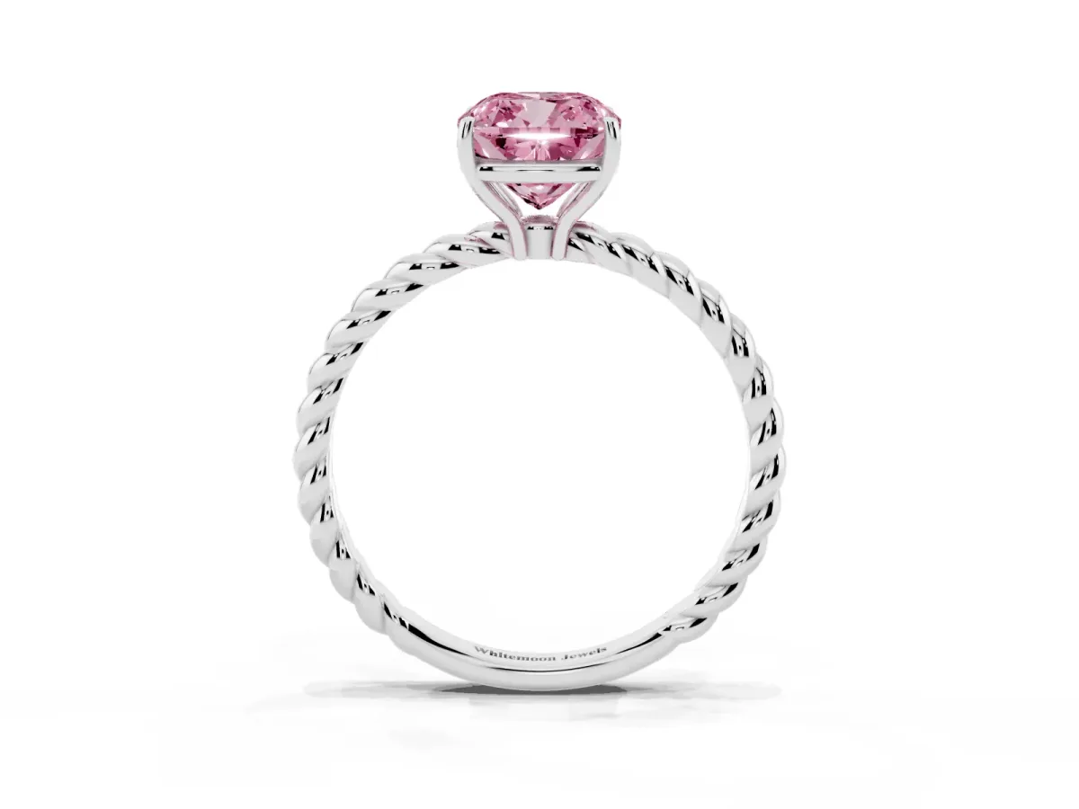 Fancy Pink Cushion Cut Solitaire Twisted Band 4-Prong Ring Platinum