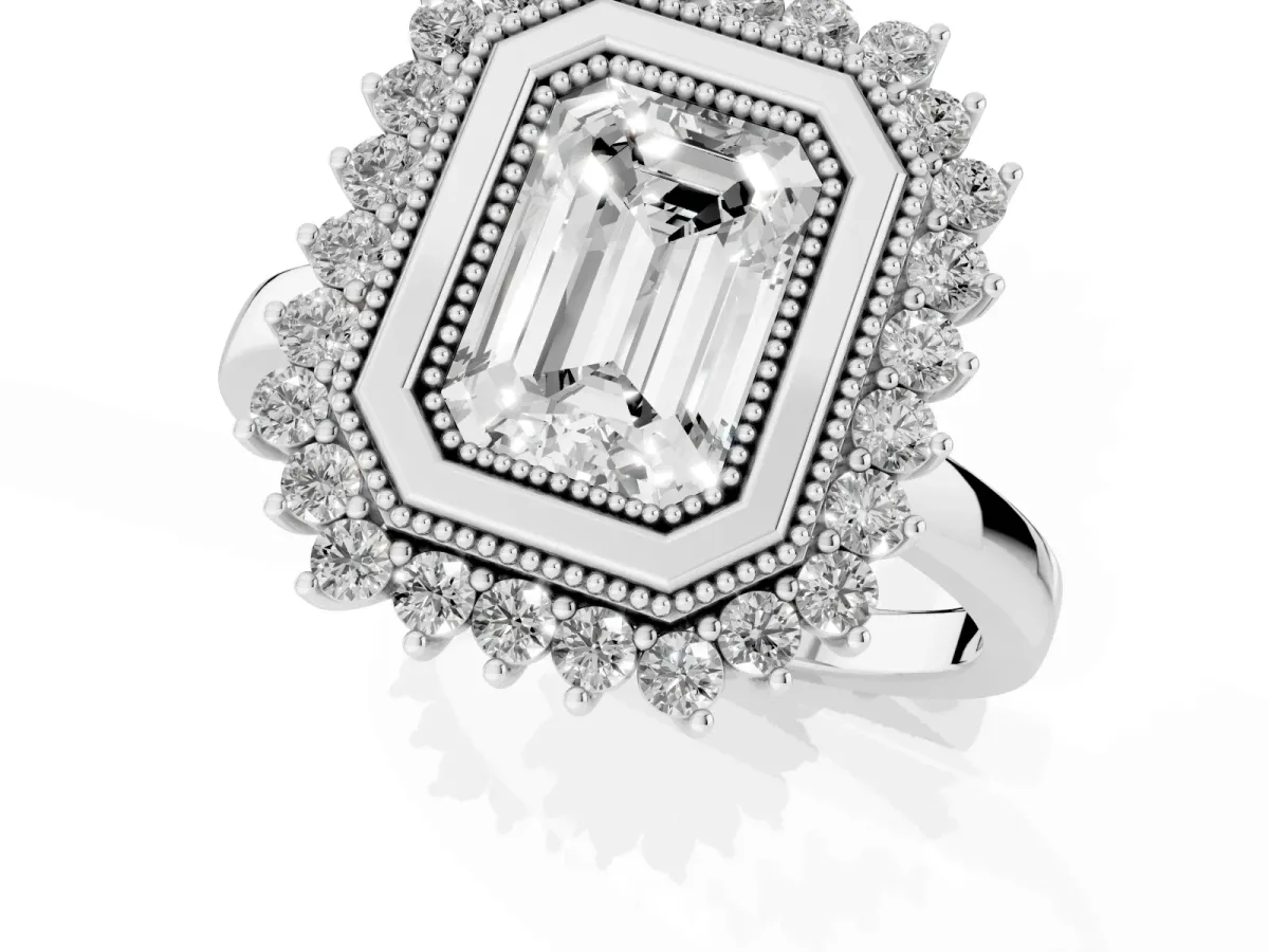 Emerald Cut Halo Diamond Ring with Milgrain Edge and Round Prong Setting Silver