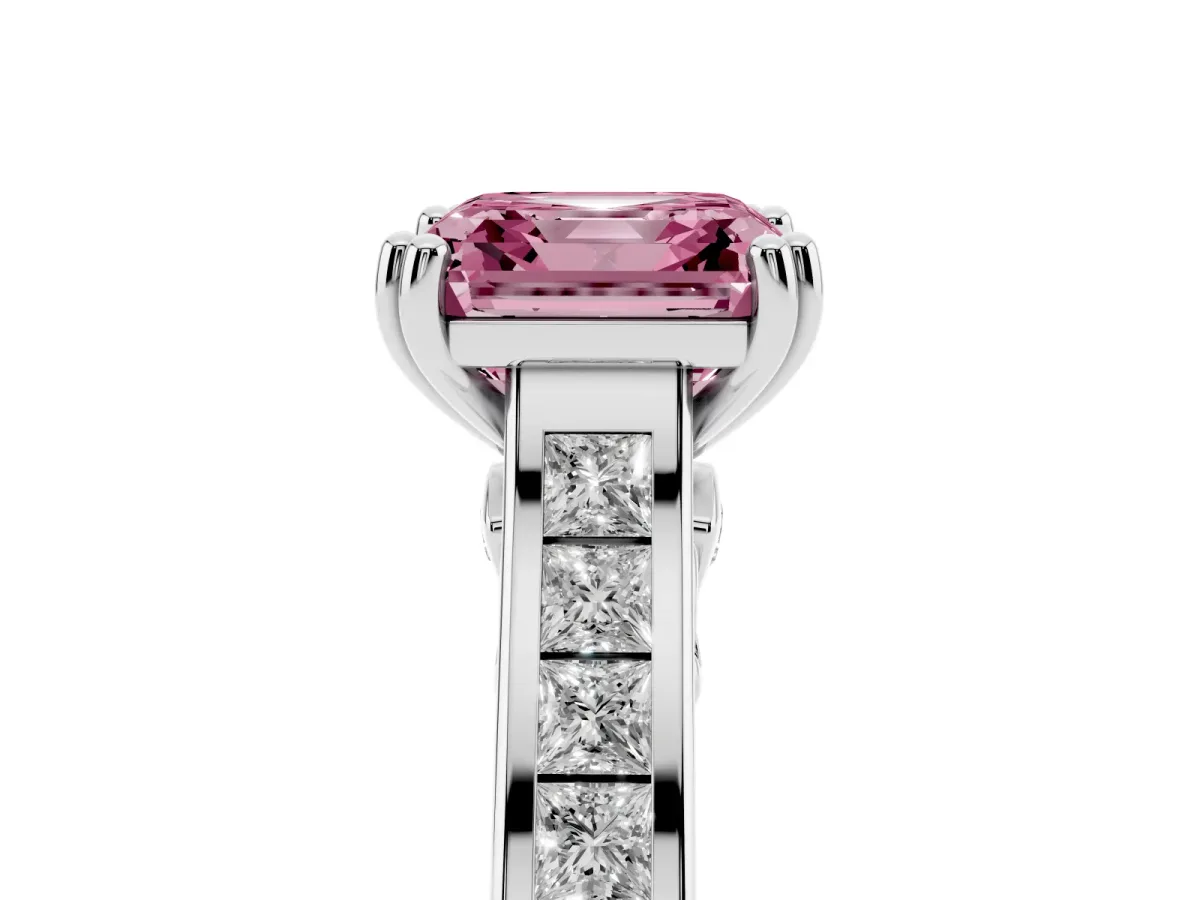 Fancy Pink Asscher Cut Cut Channel Set Solitaire Engagement Ring with Prong Setting Silver