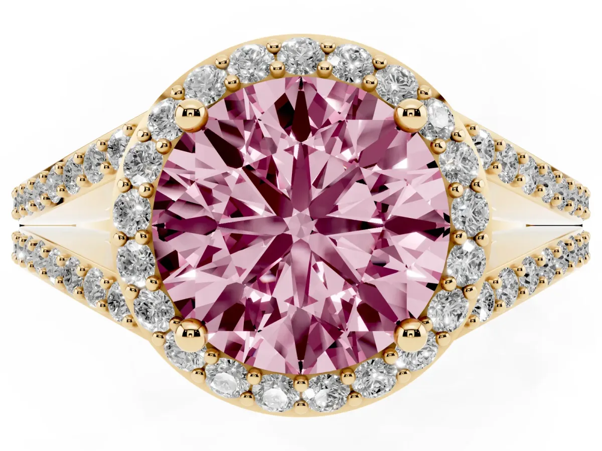 Fancy Pink Round Cut Halo Split Shank Diamond Ring with Prong Setting Yellow gold