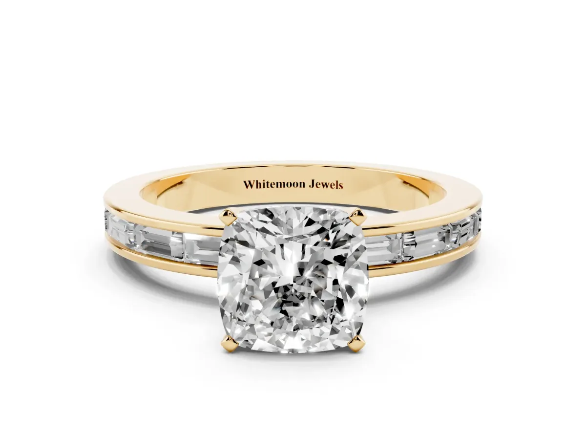 Cushion Cut Solitaire Diamond Ring with Channel-Set Baguette Band and Four-Prong Setting Yellow gold