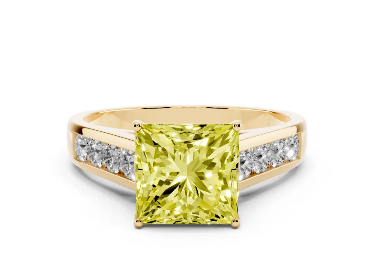 Fancy Yellow Princess Cut Solitaire Channel-Set Diamond Engagement Ring with Four-Prong Setting Yellow gold