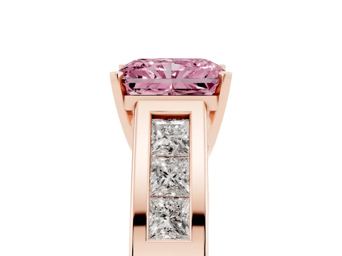 Fancy Pink Radiant Cut Cut Channel Set Solitaire Ring with Four-Prong Setting Rose gold