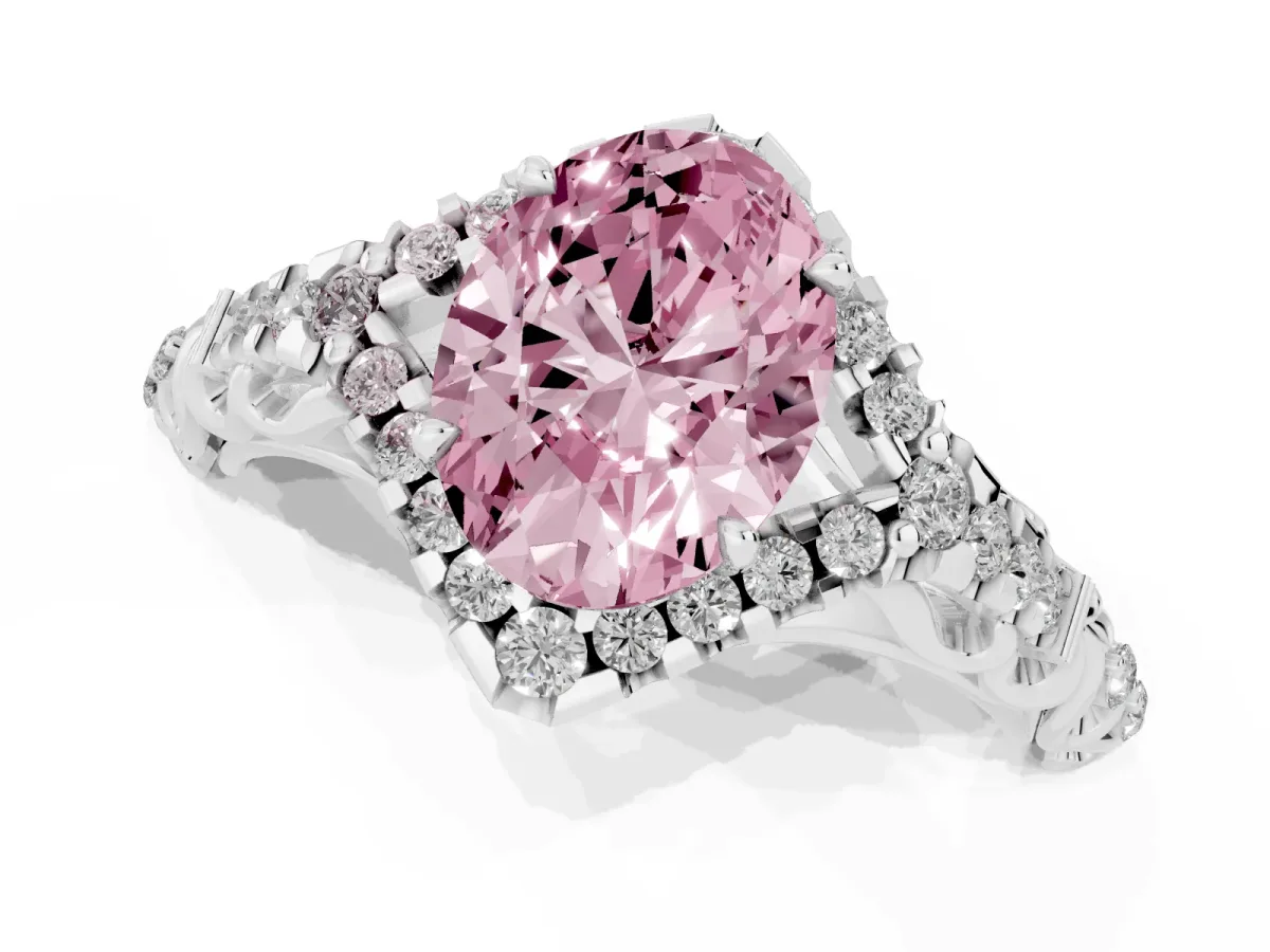 Fancy Pink Oval Cut Diamond Solitaire Ring with Hidden Halo and Pavé Band Platinum