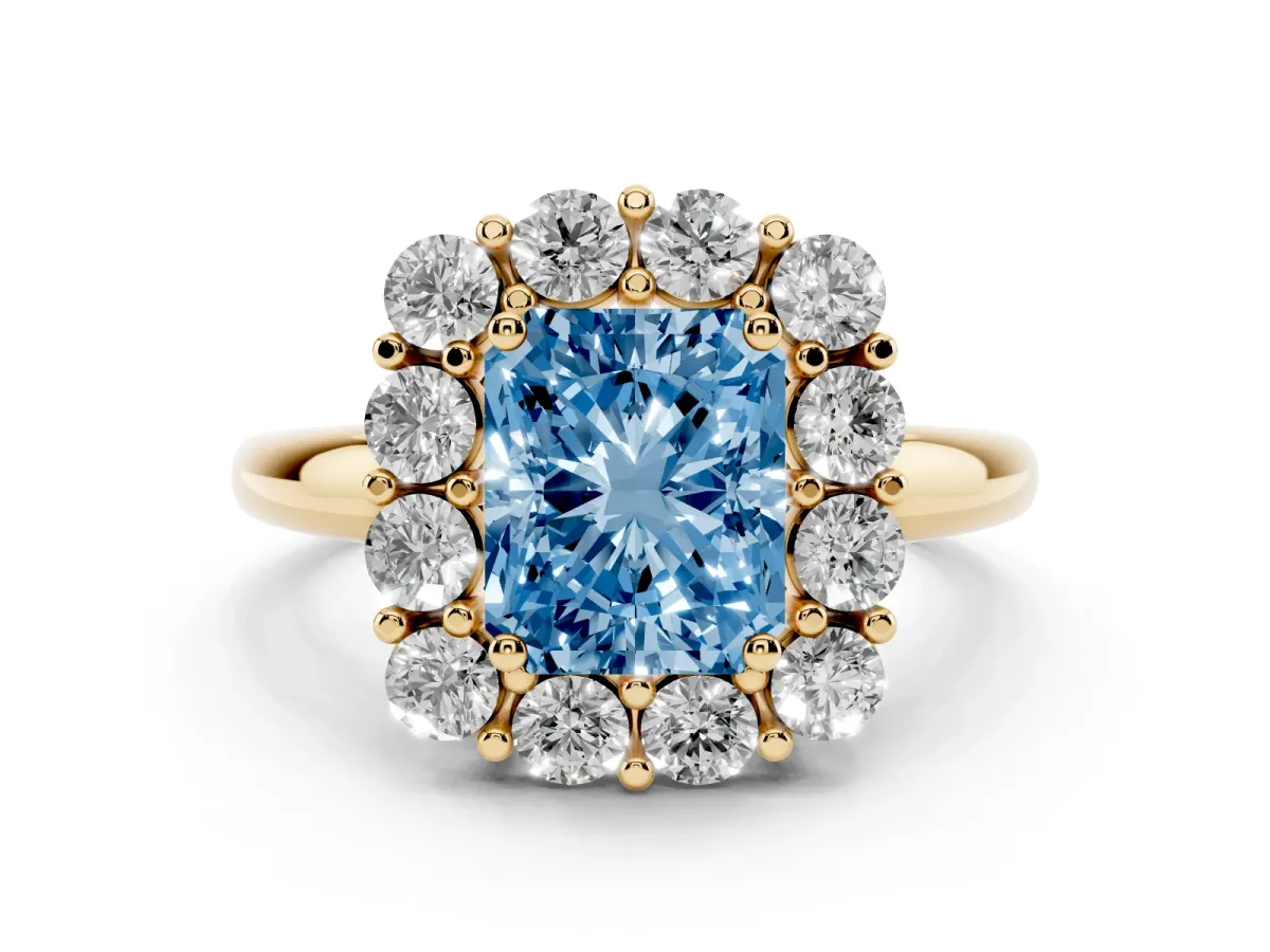 Fancy Blue Radiant Cut Halo Cluster Diamond Engagement Ring with Prong Setting and Polished Band Yellow gold