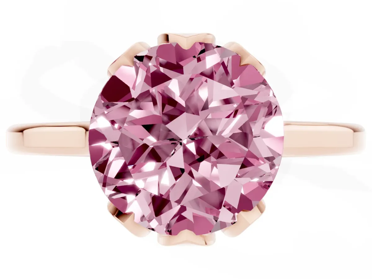Fancy Pink Round Cut Diamond Solitaire Ring with Flower Prong Setting and Classic Band Rose gold