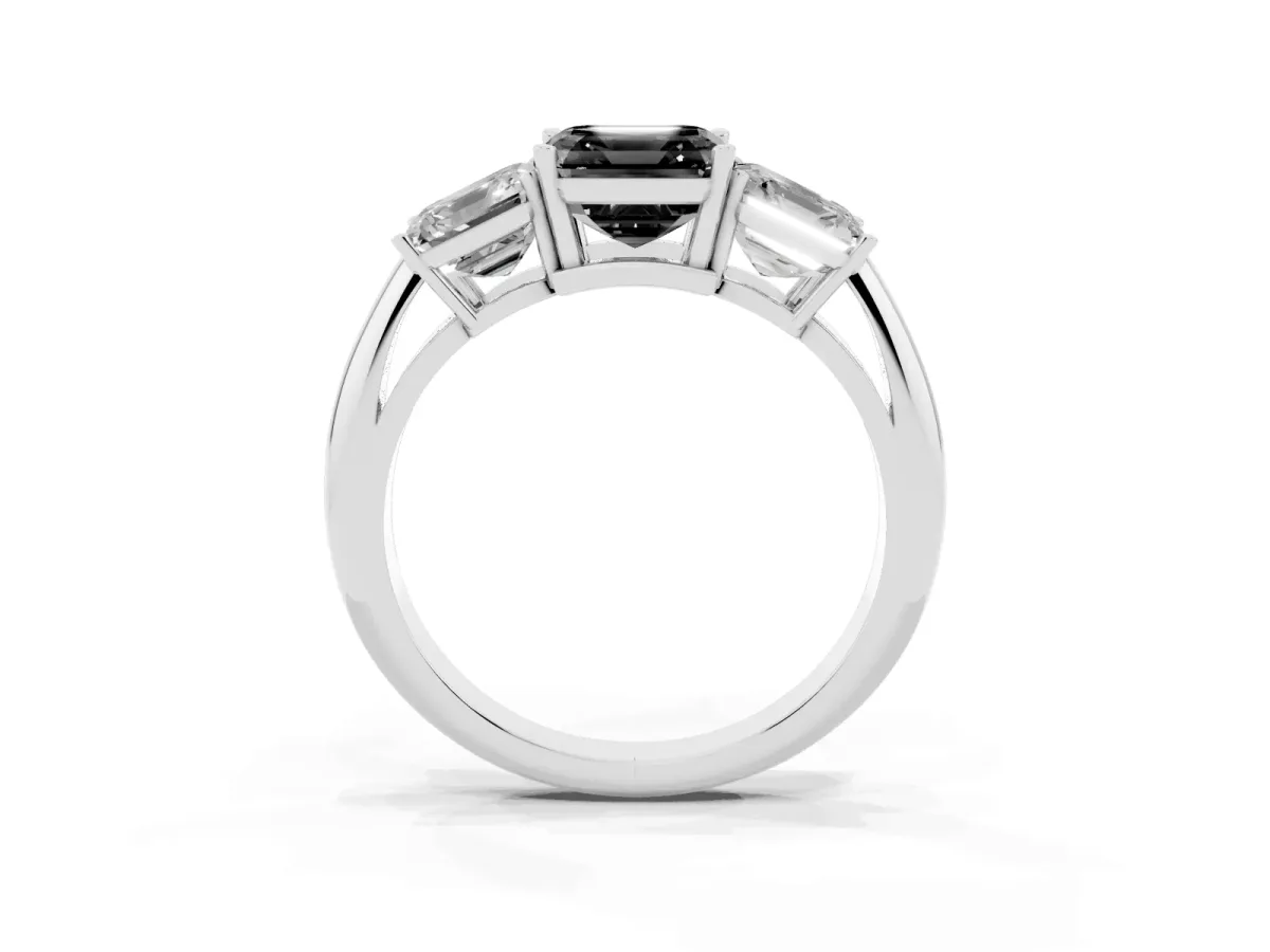 Fancy Black Three-Stone Asscher Cut Cut Diamond Engagement Ring with Prong Setting on a White Gold Band Silver