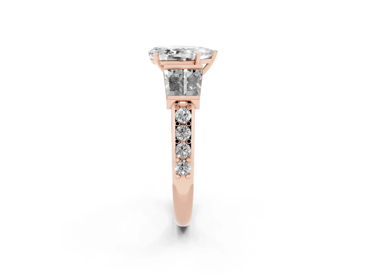 Pear Cut Diamond Engagement Ring with Baguette Side Stones and Channel Set Band Rose gold