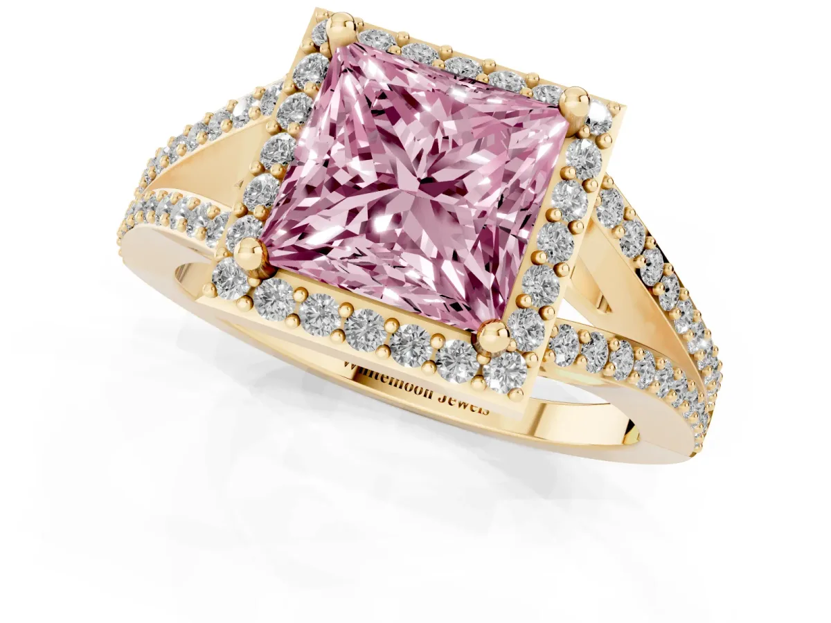 Fancy Pink Princess Cut Halo Split Shank Diamond Ring with Prong Setting Yellow gold