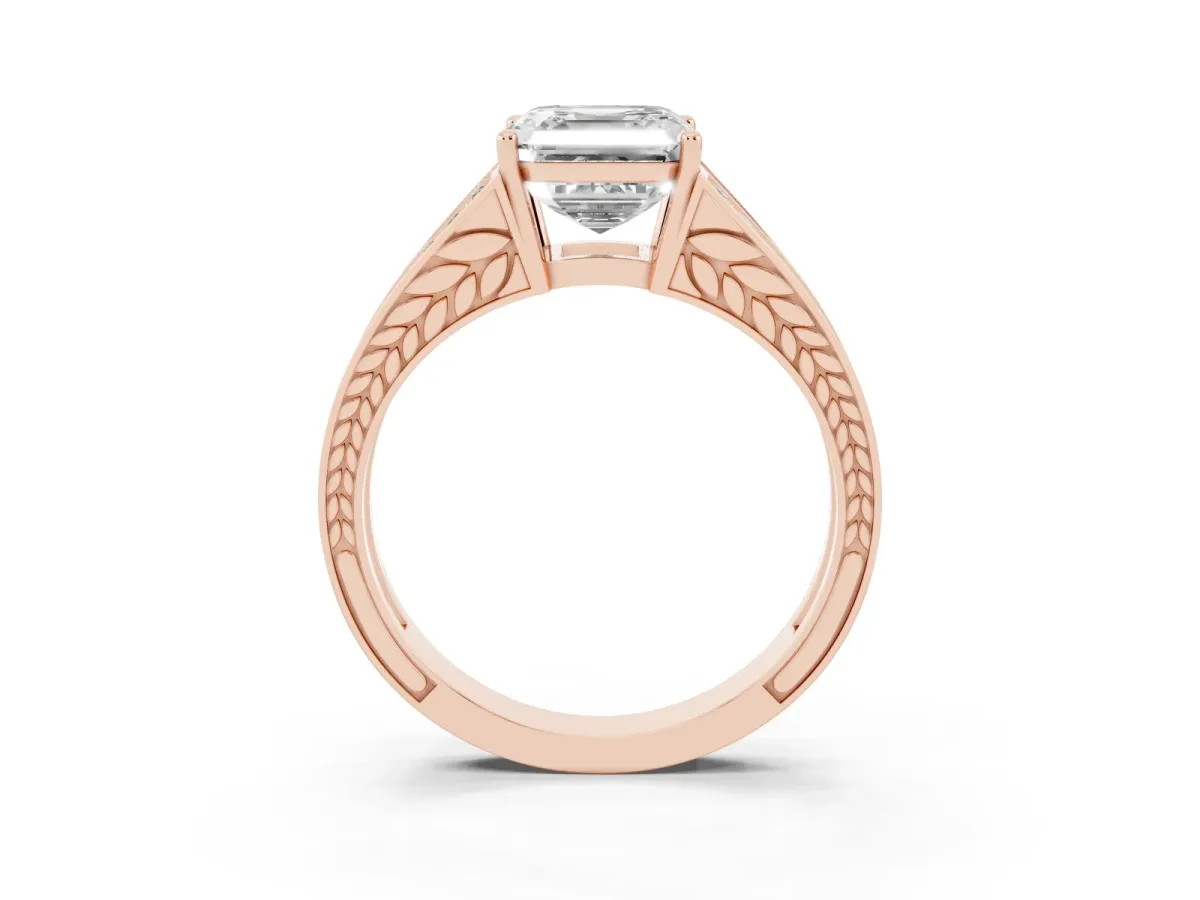 Asscher Cut Diamond Split Shank Ring with Pavé Band and Four-Prong Setting Rose gold