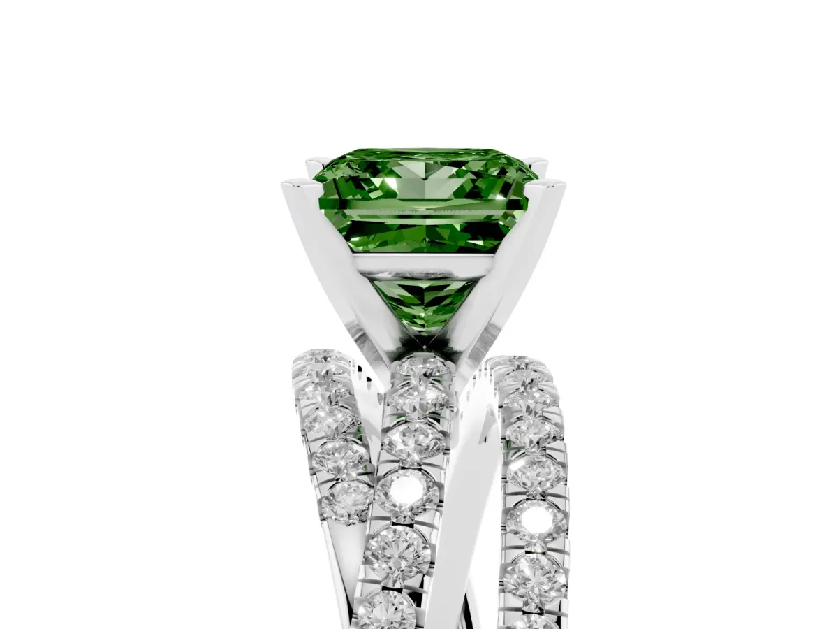 Fancy Green Princess Cut Solitaire Twist Band with Pavé Setting and Four-Prong Setting Silver
