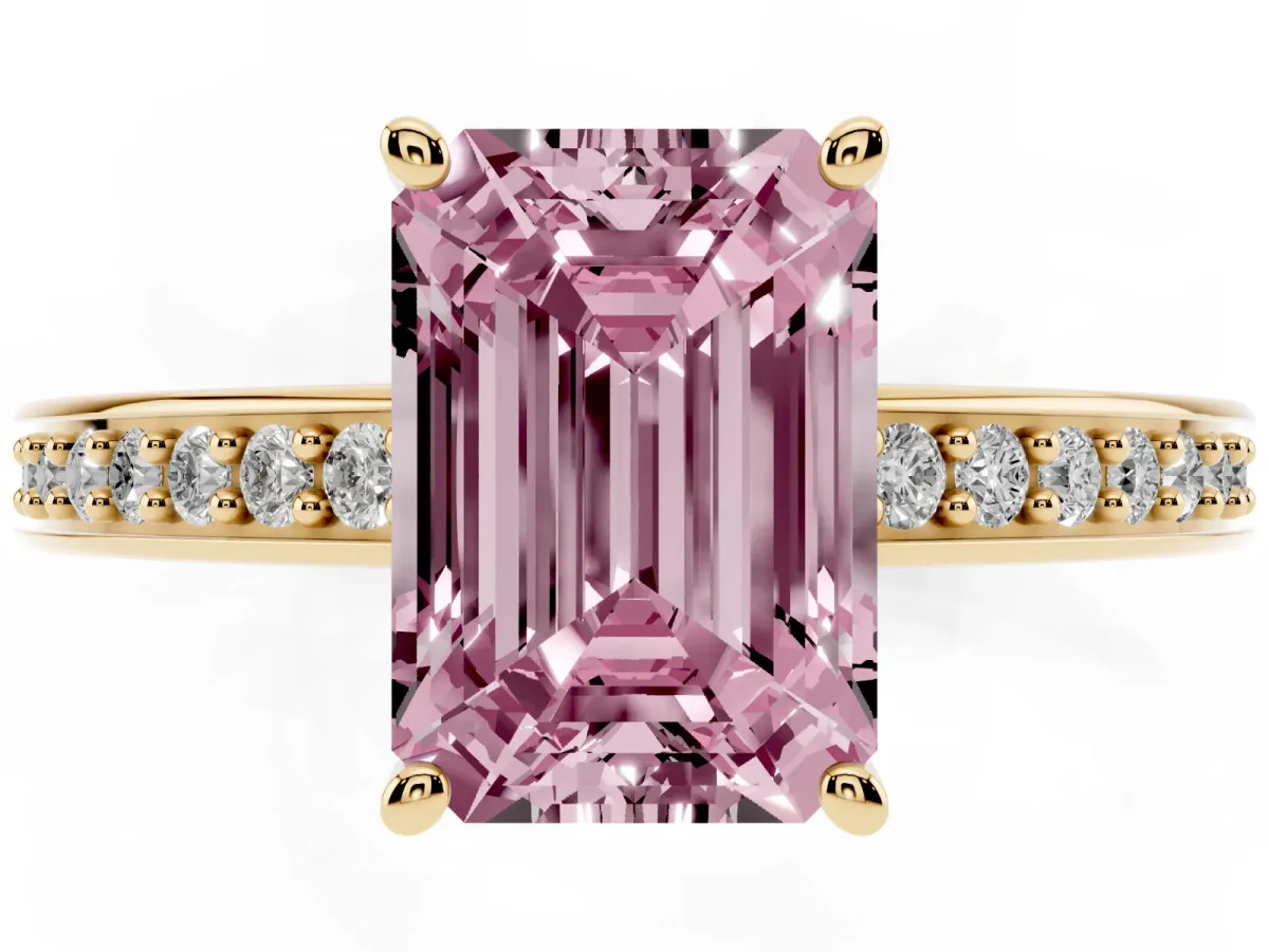 Fancy Pink Emerald Cut Solitaire Pavé Band Prong Setting Ring Yellow gold