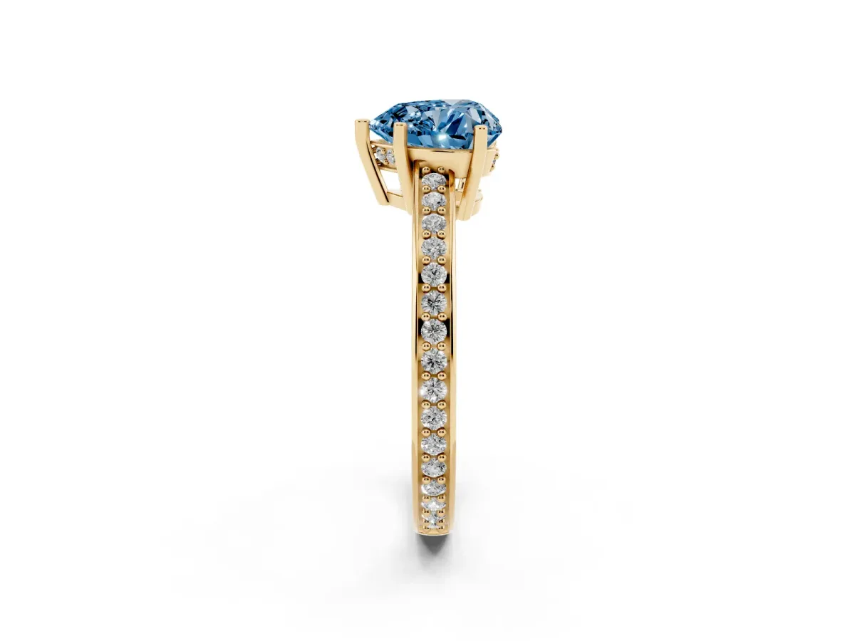 Fancy Blue Heart Cut Solitaire Pavé Band Prong Setting Ring Yellow gold