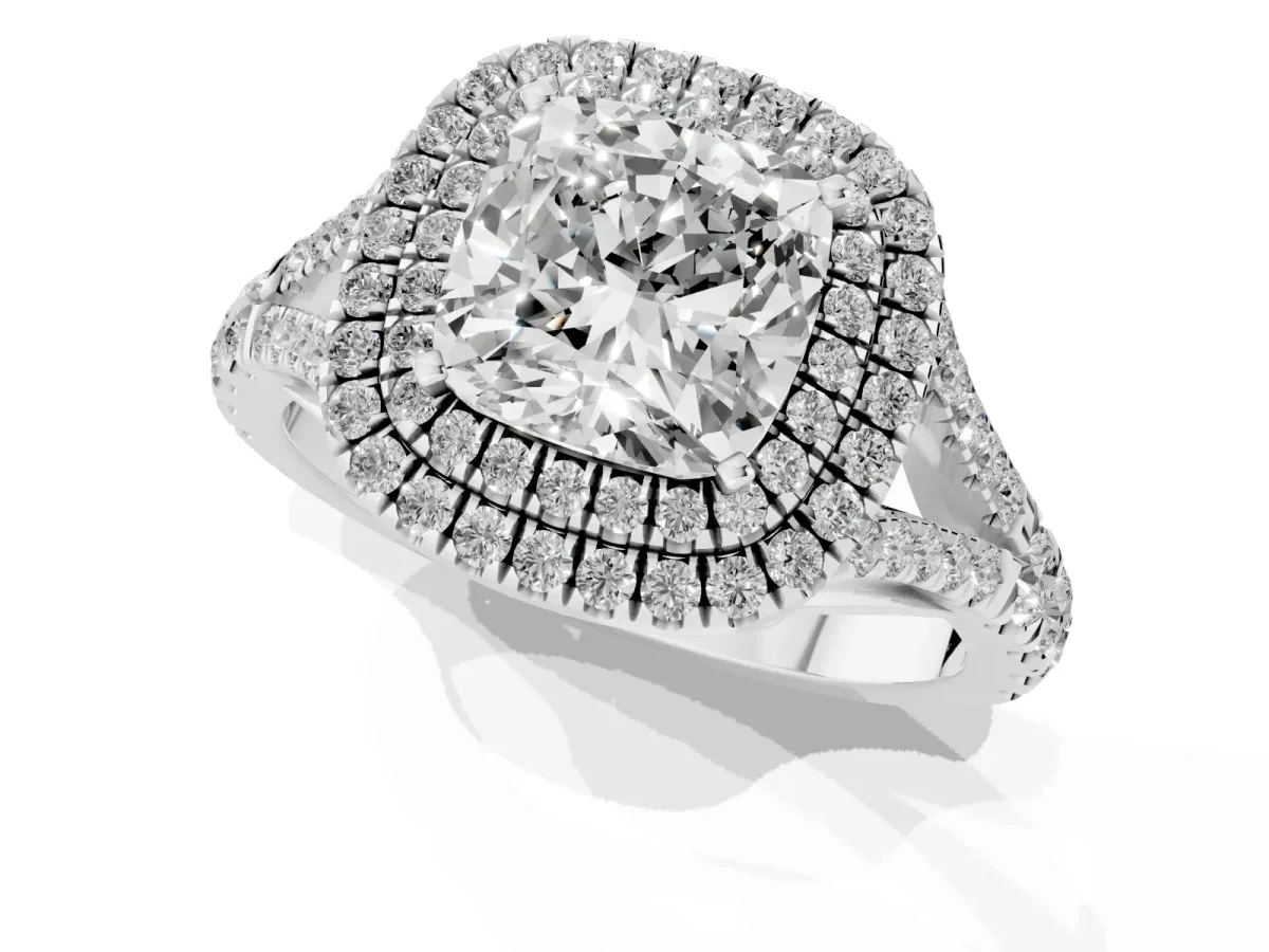 Cushion Cut Diamond Pavé Split Shank Double Halo Engagement Ring Silver
