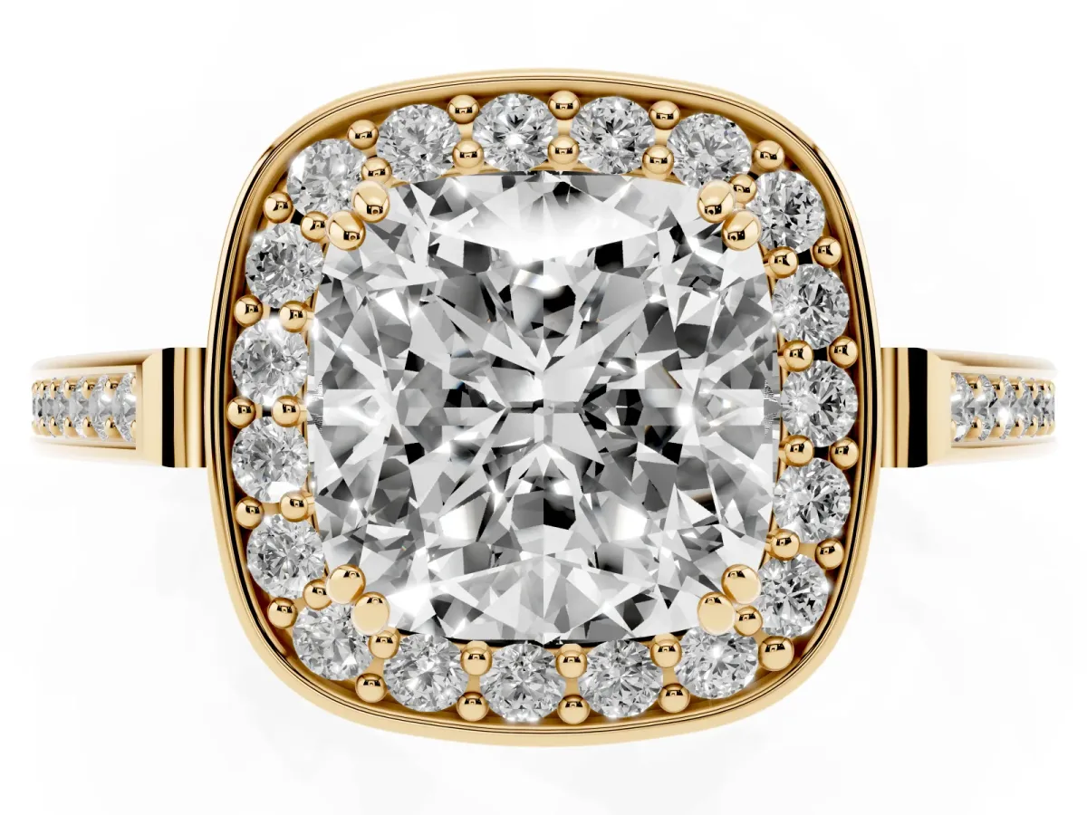 Cushion Cut Diamond Halo Ring with Split Shank and Four-Prong Setting Yellow gold