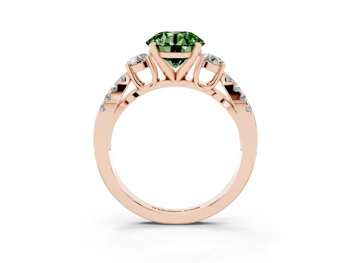 Fancy Green Round Cut Diamond Three-Stone Ring with Pavé Split Shank and Four-Prong Setting Rose gold