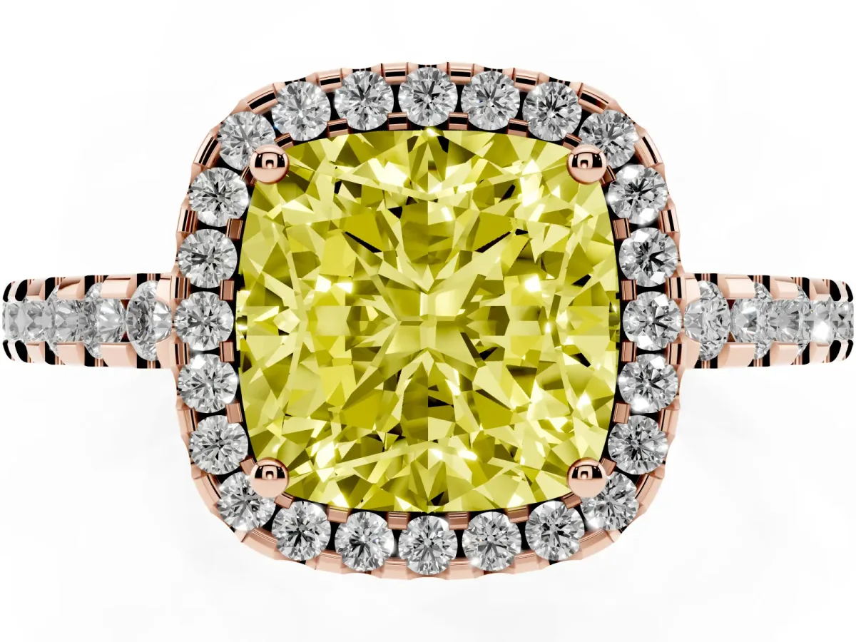 Fancy Yellow Cushion Cut Diamond Halo Engagement Ring with Pavé Band and Prong Setting Rose gold