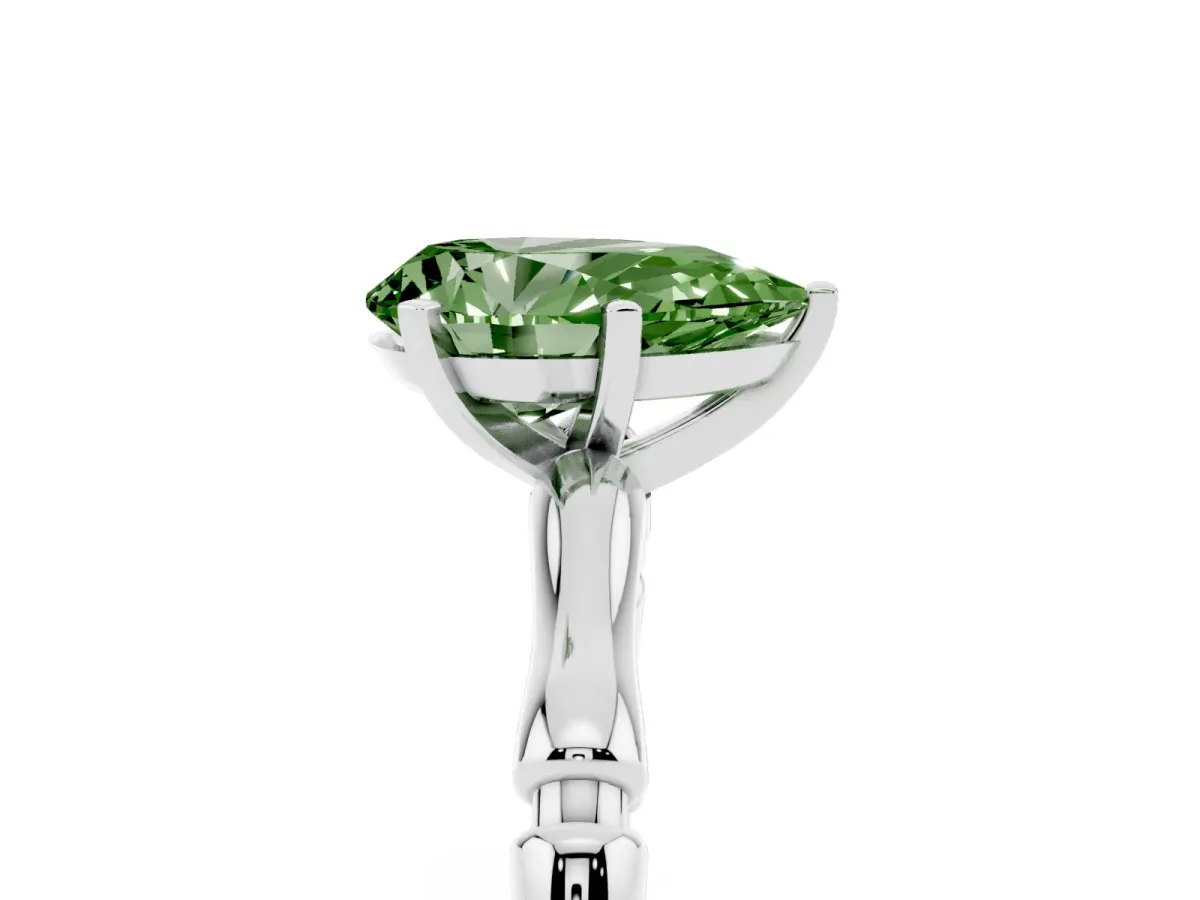 Fancy Green Pear Cut Solitaire Diamond Ring with Bamboo Band and Four-Prong Setting Silver